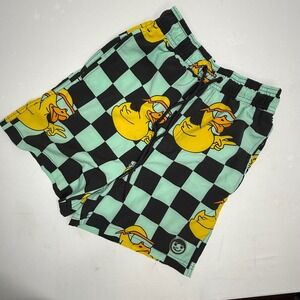Neff Mens Teal Black Checkered Rubber Duck Graphic Board Shorts Size S Swim